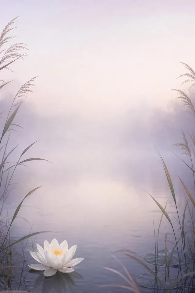 A single white lotus resting on a misty still lake