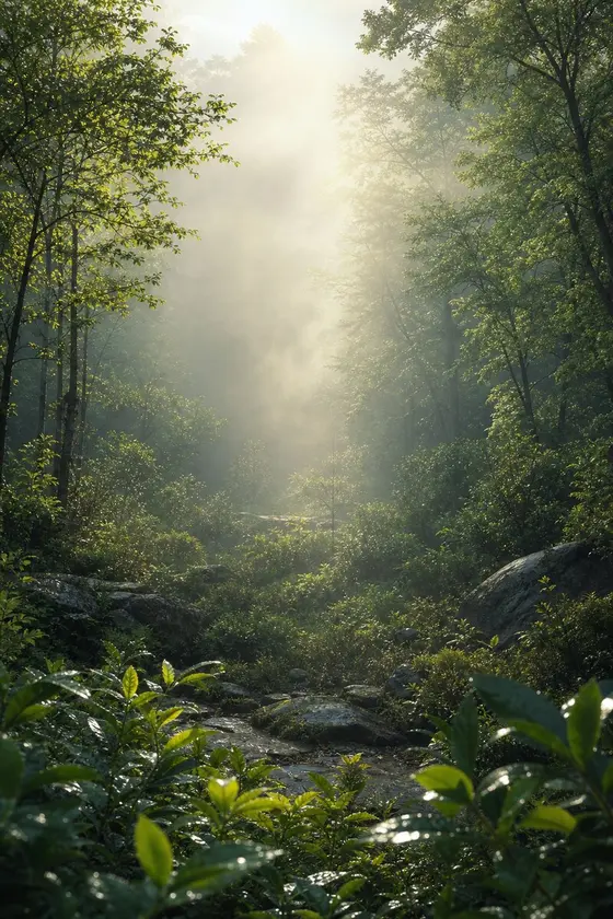 Morning light filtering through a green forest clearing