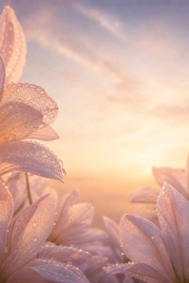 Dew-covered petals glowing in soft sunrise light