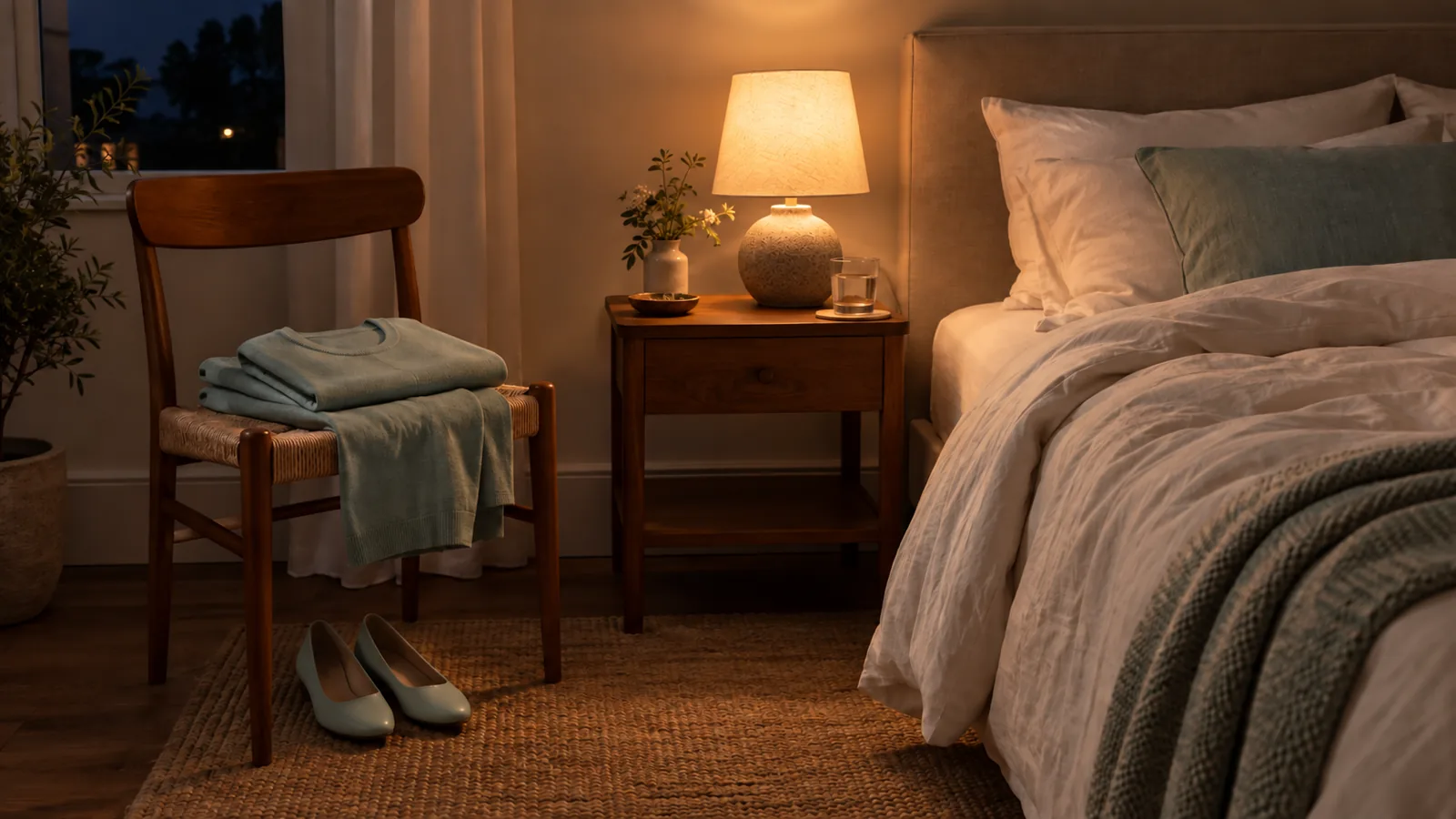 Clothes laid out on a chair beside a turned-down bed and a warm bedside lamp at night.