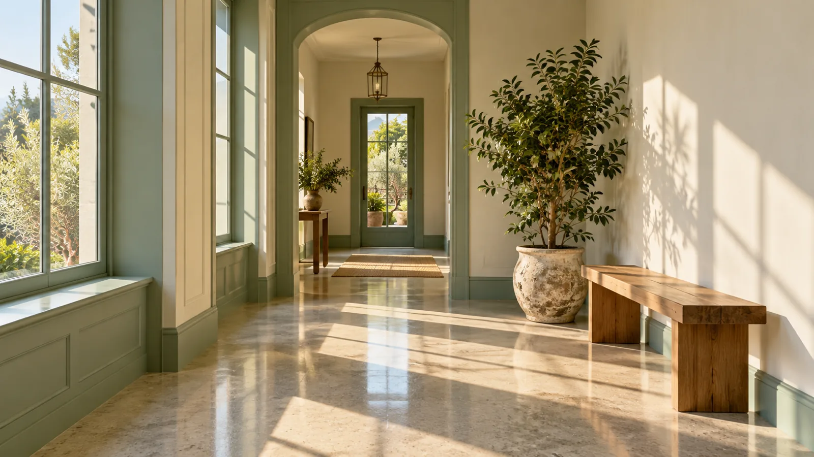 A wooden bench in a bright, quiet corridor beside a tall potted plant in morning light.