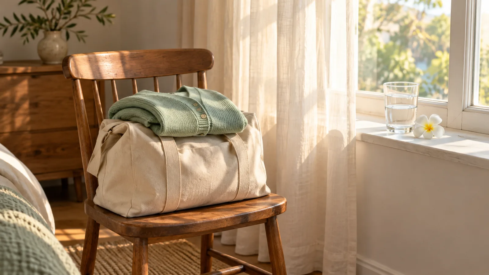 Affirmations for anxiety before a big day: a neatly packed bag, folded clothes and a glass of water on a chair by a window in soft early morning light