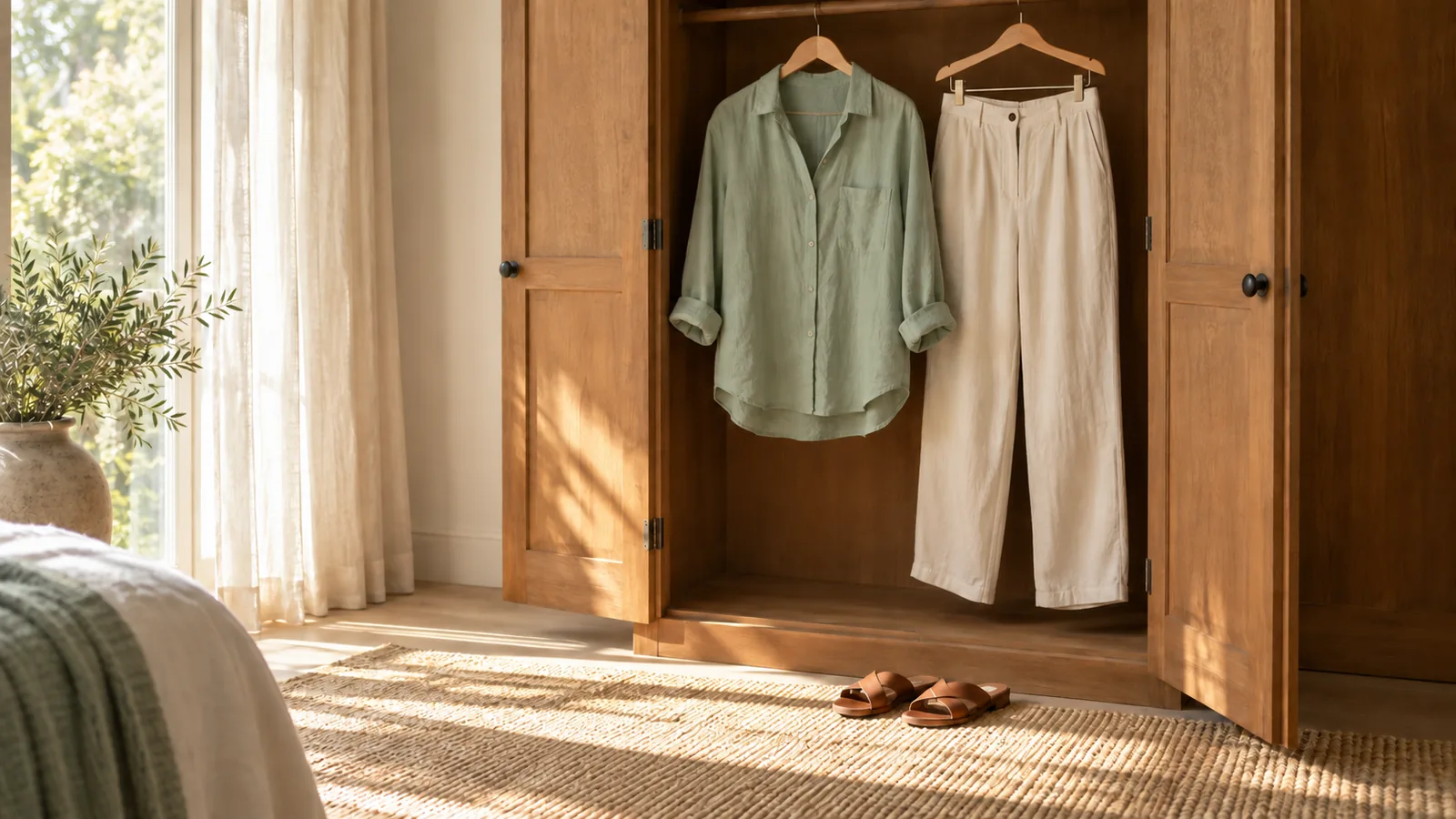 A loose linen shirt and soft cream trousers on wooden hangers by an open wardrobe in morning light.