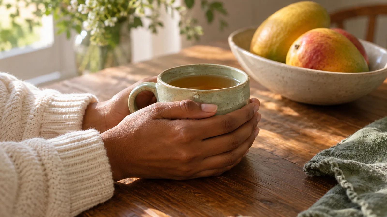 Two hands cupped around a warm mug of tea on a wooden table, with a bowl of mangoes behind.