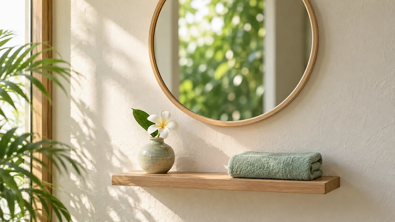 A round wooden mirror on a warm white wall reflecting green leaves, with a single white frangipani in a small vase on the shelf below