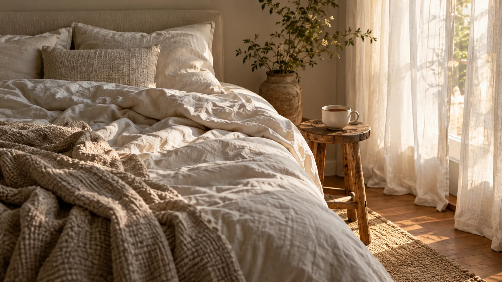 An unmade bed in soft morning light with a cup of tea on a wooden stool beside it