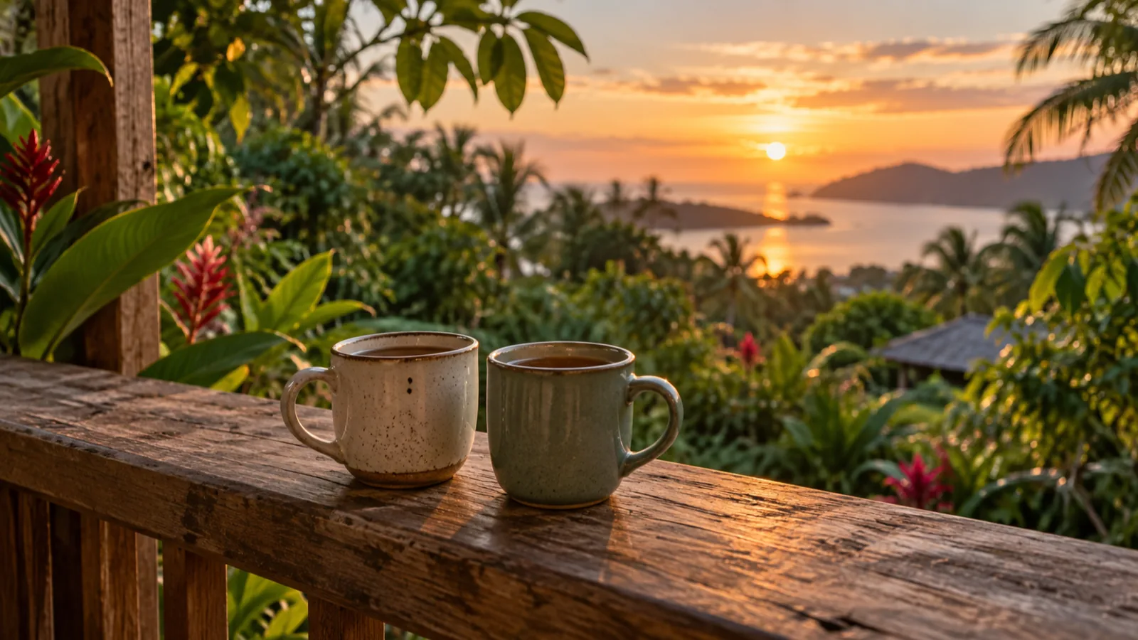 Two mugs of tea side by side on a porch railing at sunset