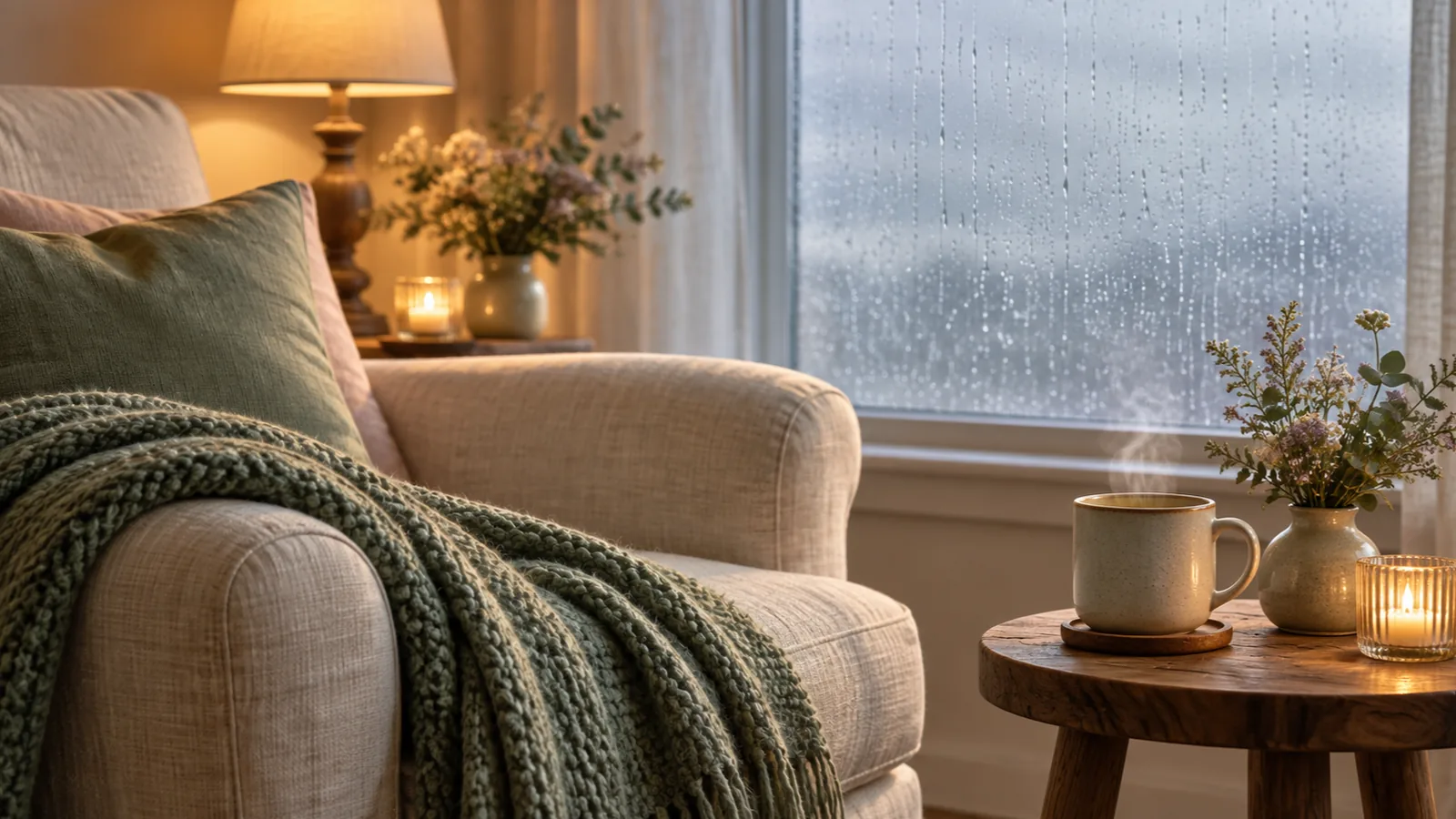A cosy armchair with a green knitted blanket, a steaming mug and a warm lamp beside a rainy window, a gentle corner for hard days
