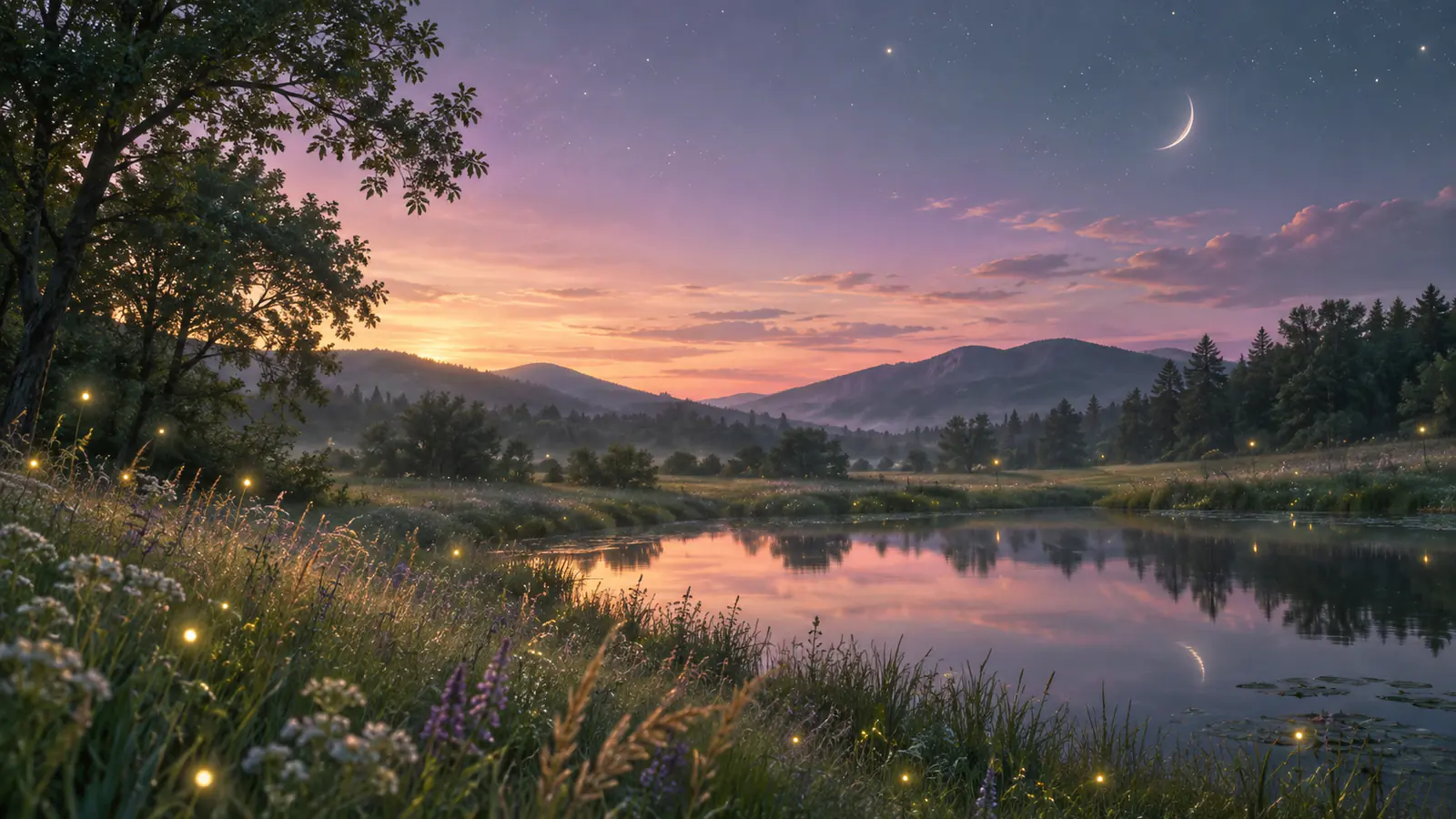A quiet meadow at dusk with fireflies, a calm pond and a crescent moon, a peaceful scene for bedtime affirmations