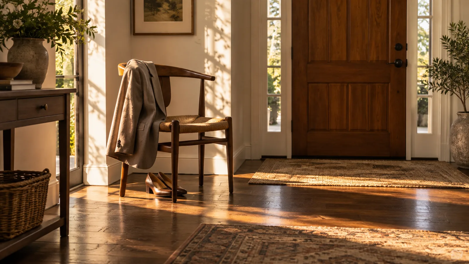 A blazer and shoes by the door in soft morning light, a quiet pause before confidence affirmations for work.