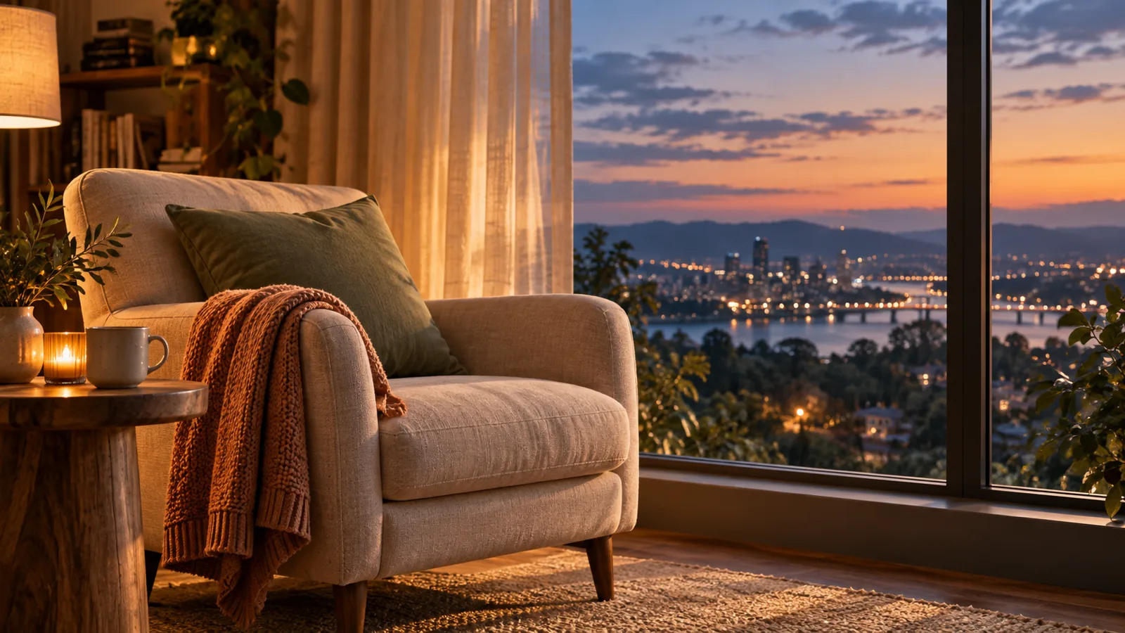 A quiet armchair by a window at dusk with a folded cardigan, closing out confidence affirmations for work.