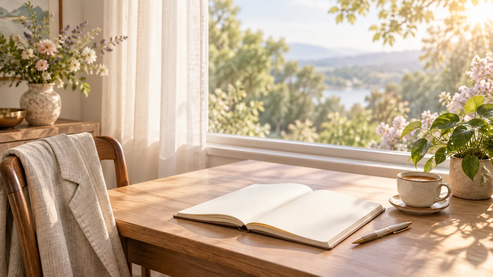 A tidy desk by a sunny window with a blank notebook, a pen and a cup of coffee, ready for a day of steady confidence at work