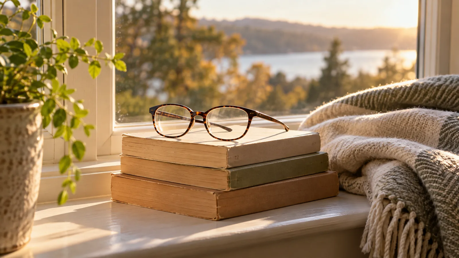 A stack of well loved books and reading glasses on a windowsill, a calm scene before exploring whether affirmations work.