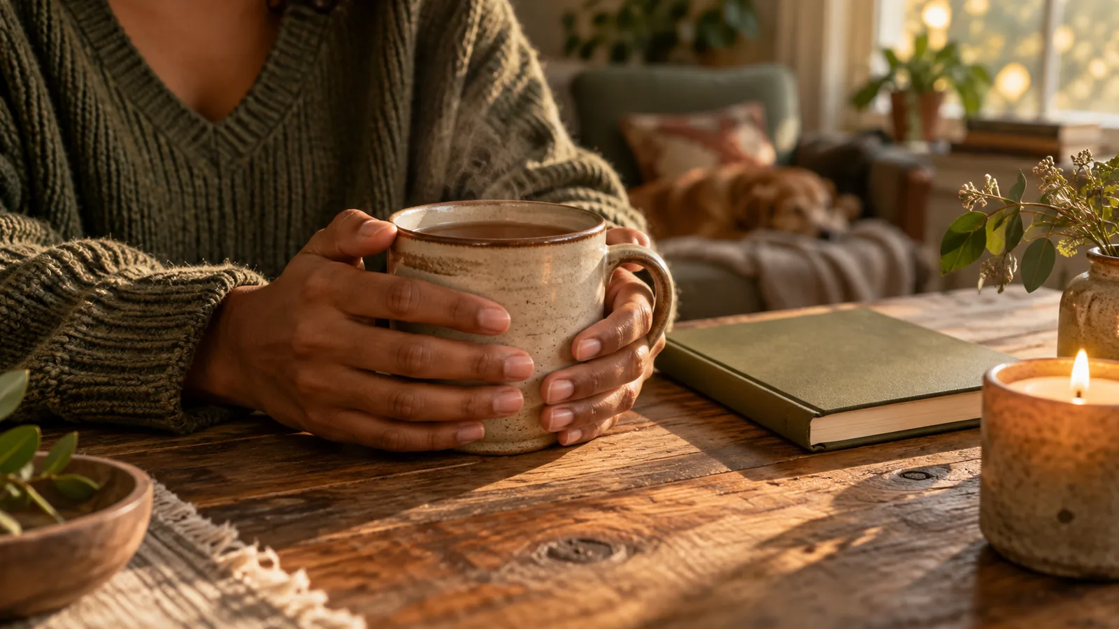 Warm hands wrapped around a mug of tea beside a journal, a grounded reminder of what affirmations can do.