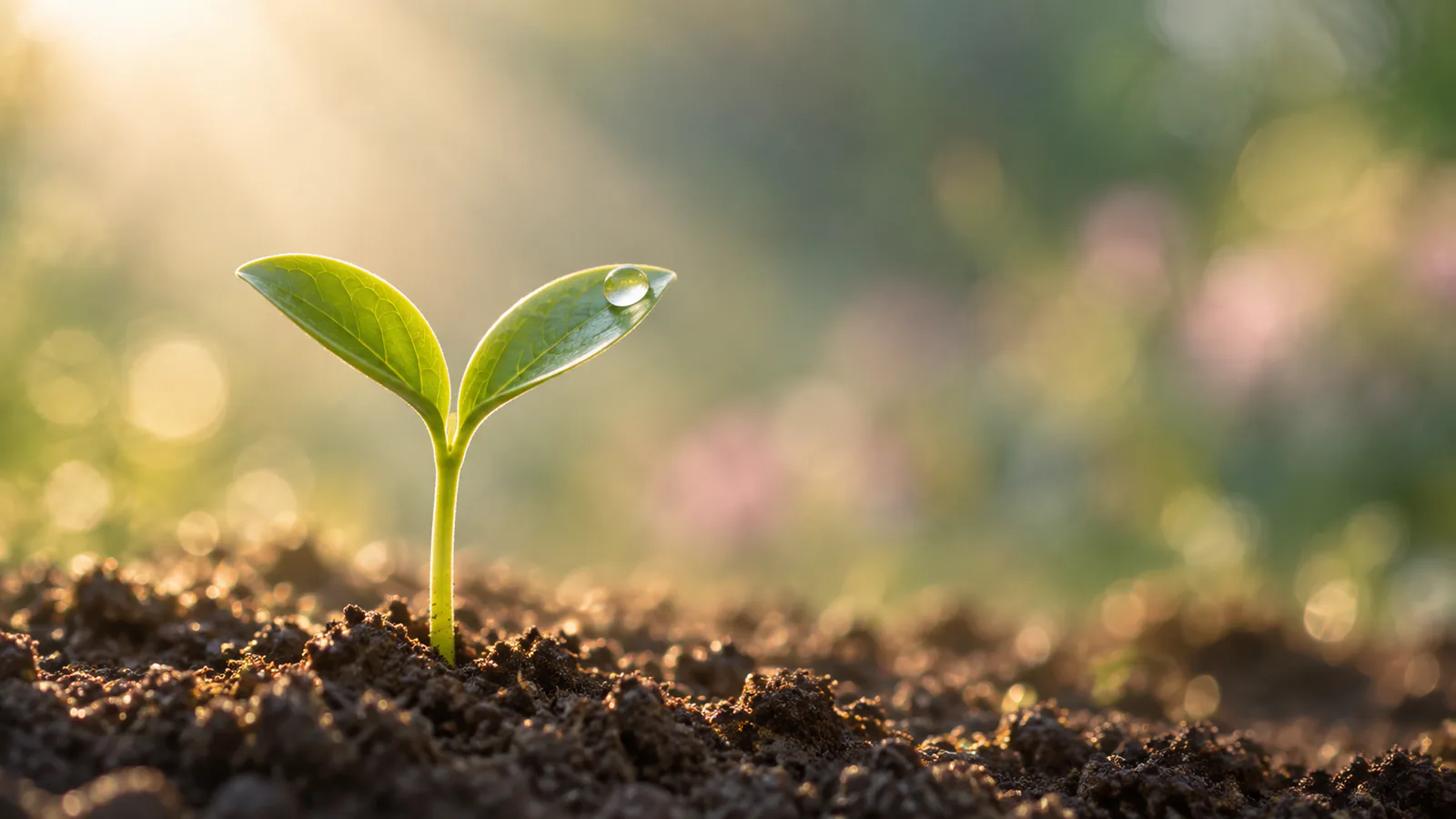 A single green seedling rising from dark soil in warm light, a picture of slow, honest growth