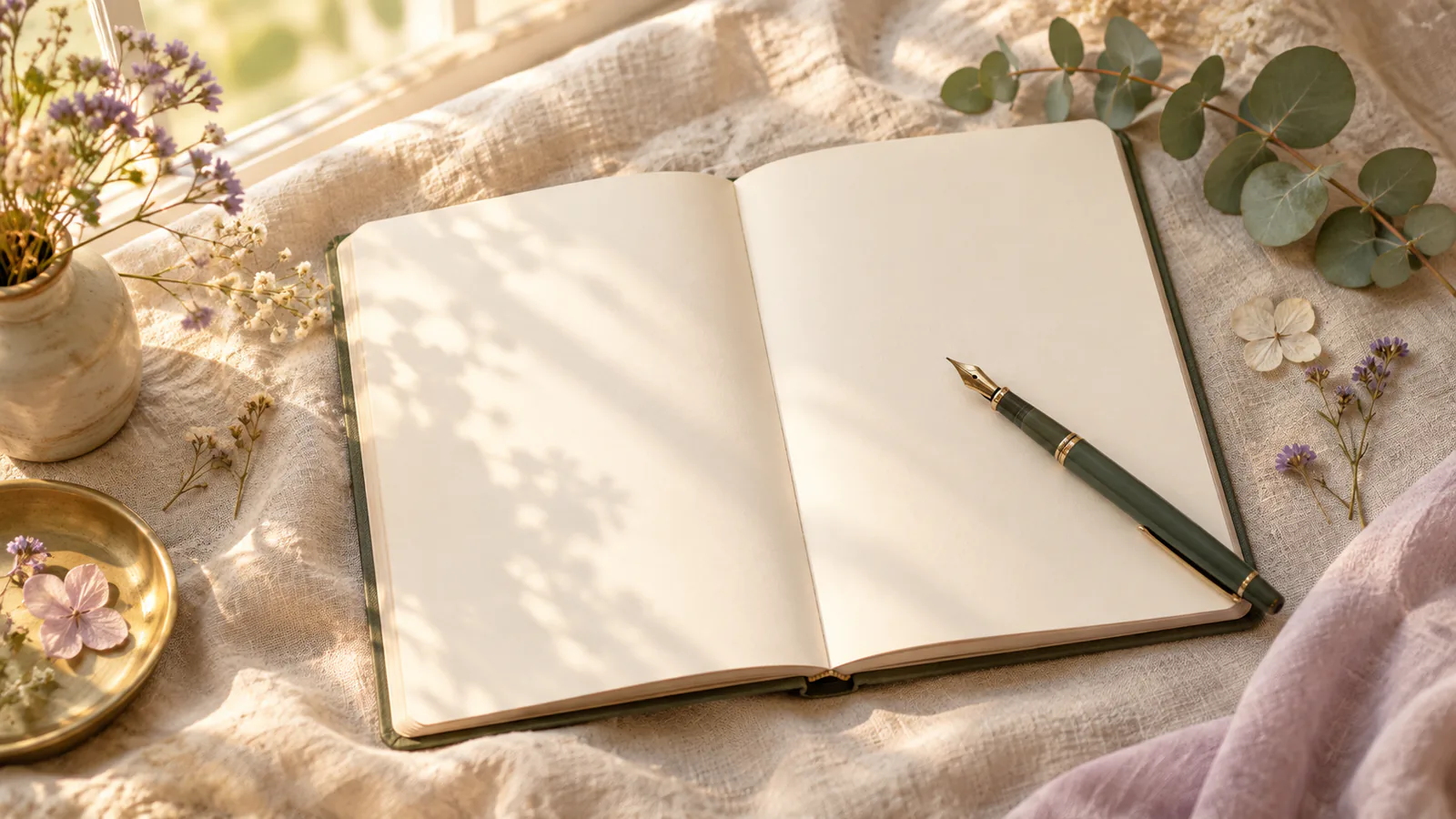 An open notebook with blank pages and a fountain pen on linen, ready to write your own affirmations