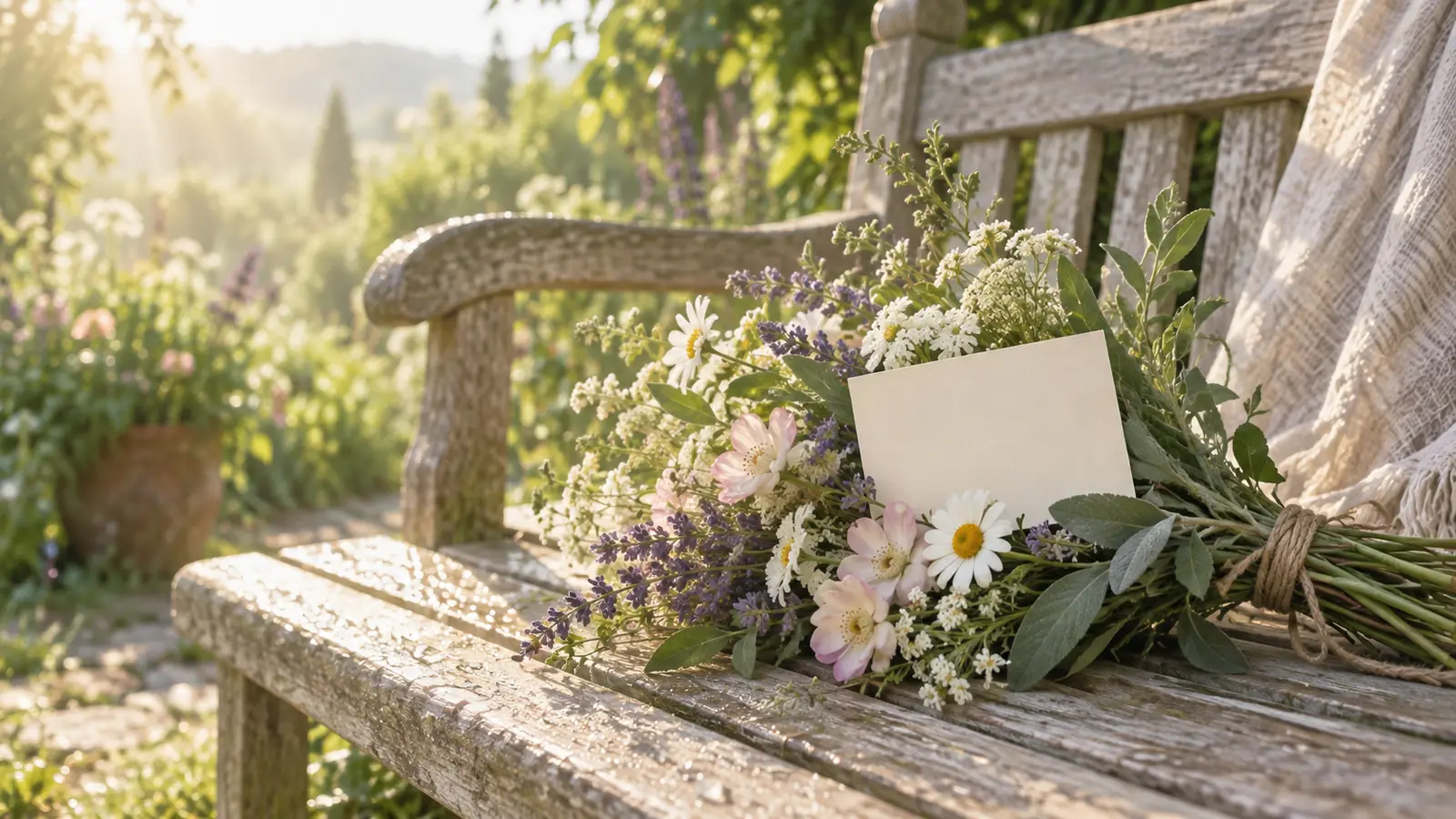 A blank cream card tucked into a posy of wildflowers on a garden bench in morning sun, like a kind line left for you today