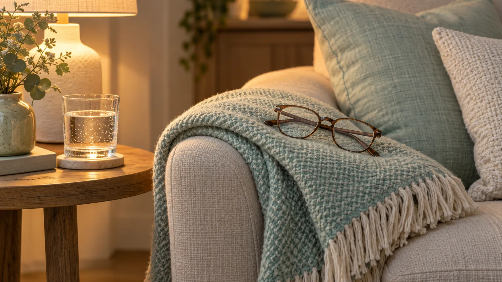 Reading glasses on a folded blanket beside a small lamp and a glass of water in warm evening light