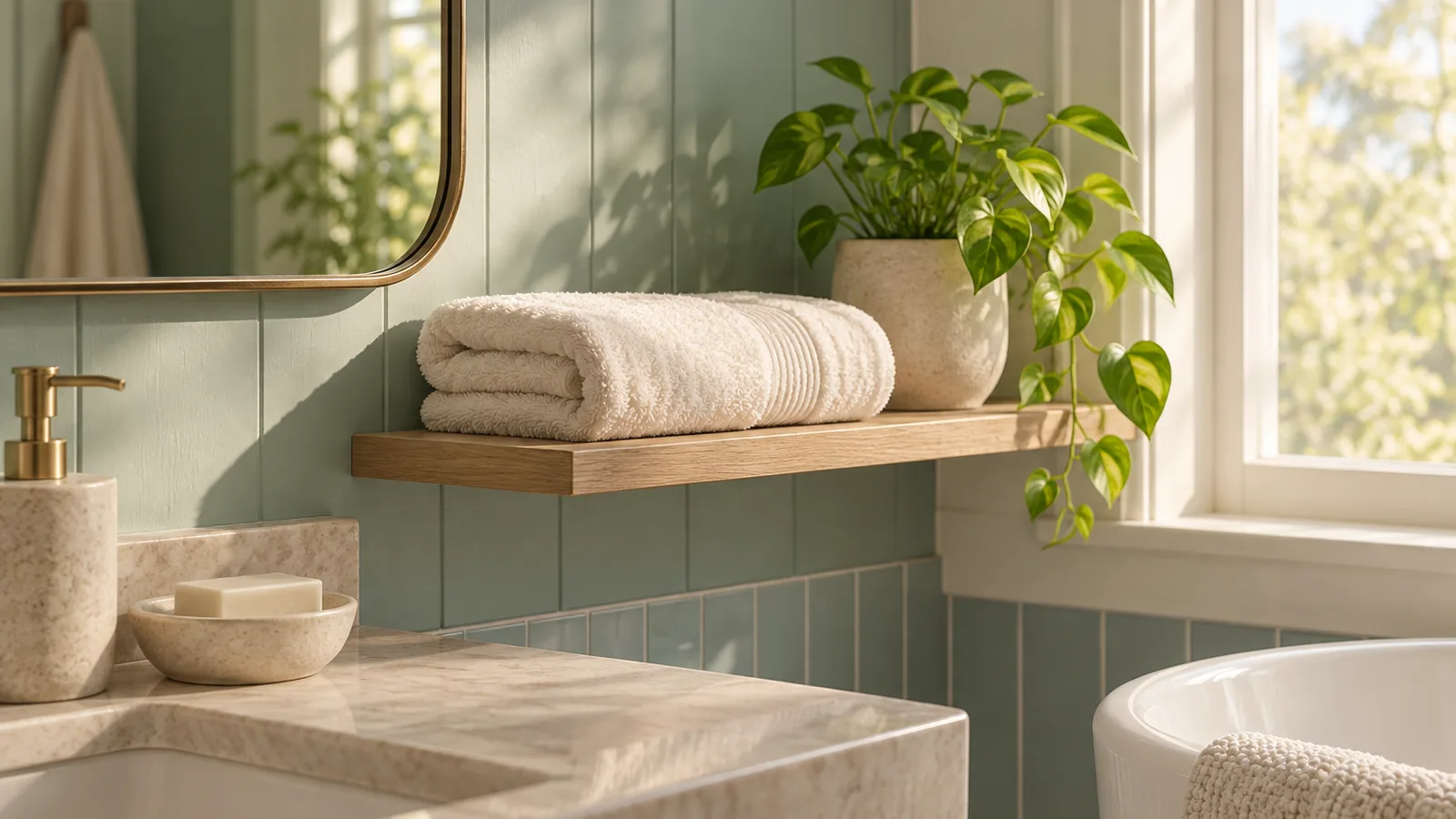 A bathroom shelf with a folded towel and a small plant beside a window in soft morning light