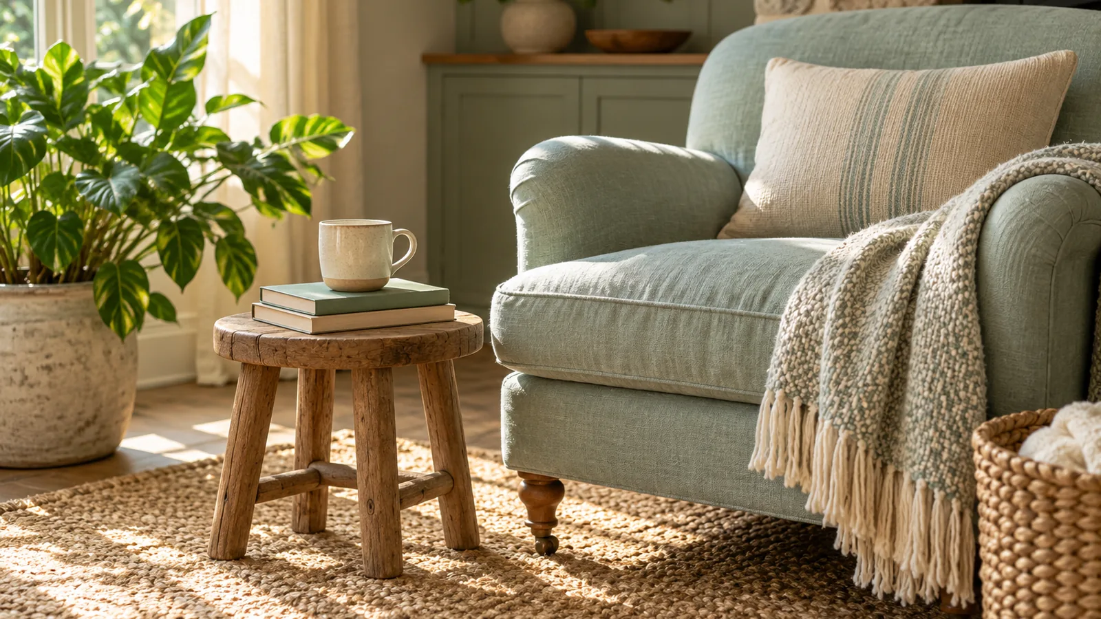 An armchair corner with a stool, a mug, two books and a leafy plant in afternoon light