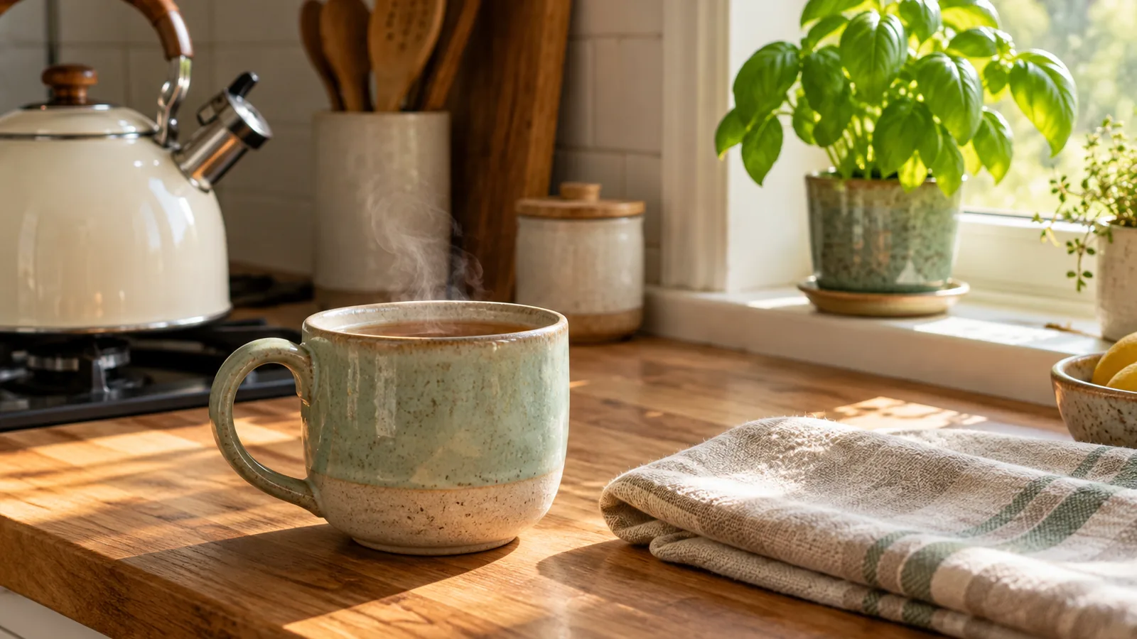 A mug of tea on a kitchen counter beside a folded linen cloth and a basil plant in soft morning light