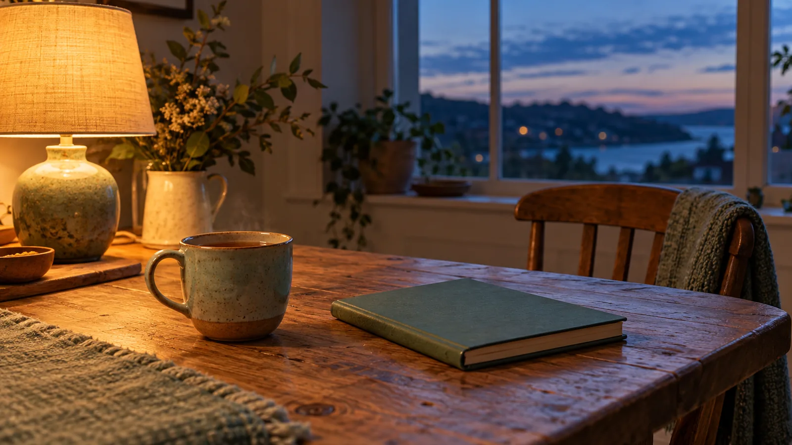 A mug of tea and a closed notebook on a kitchen table beside a lamp, with a dusky window behind
