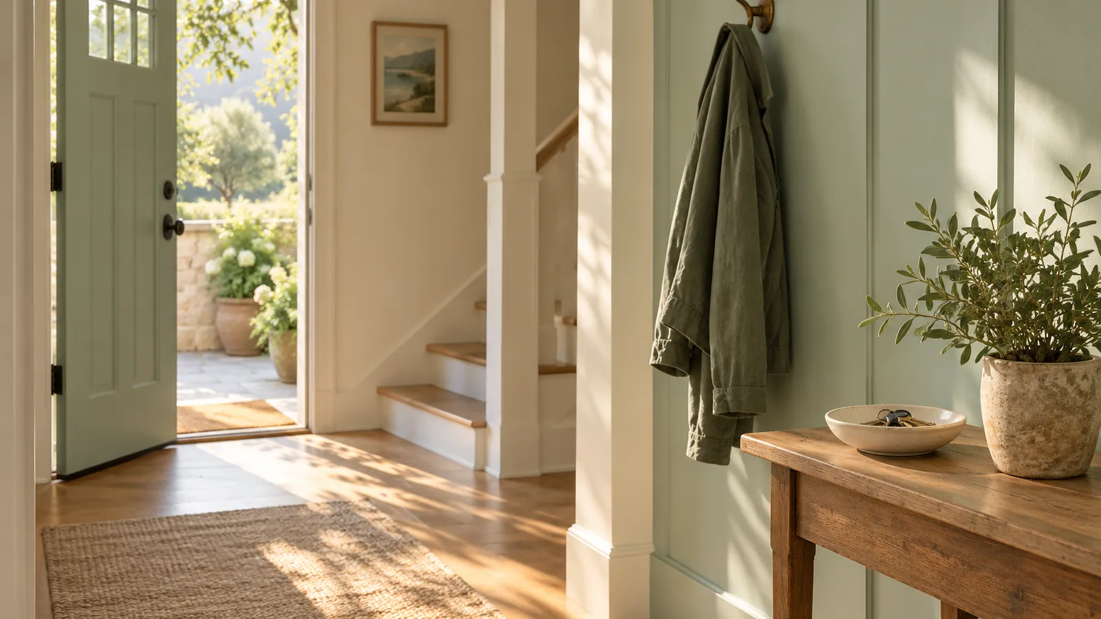 A hallway table with a bowl of keys and a potted plant beside a coat on a hook in morning light