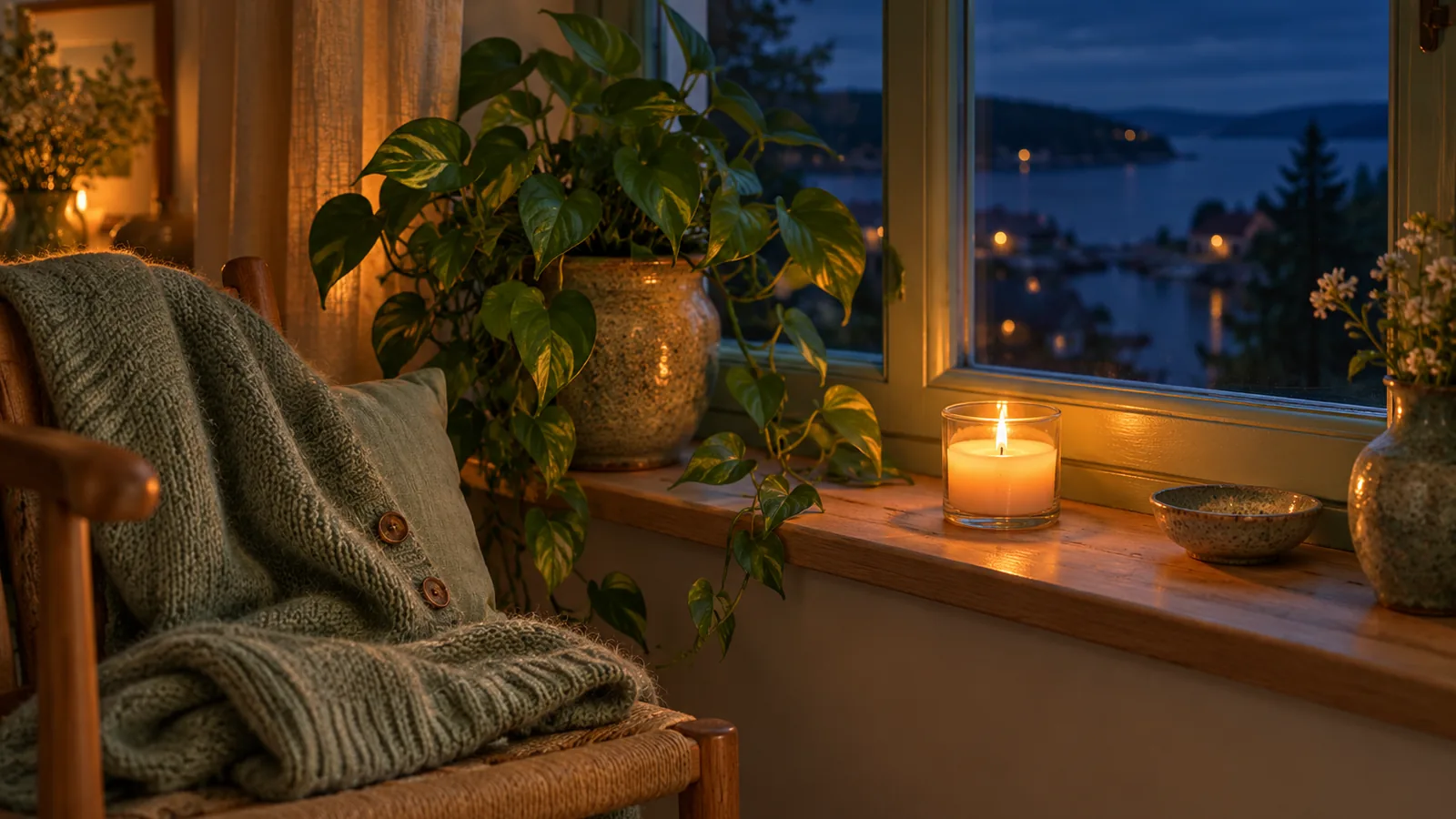 A candle in a jar on a windowsill at night beside a folded cardigan and a plant