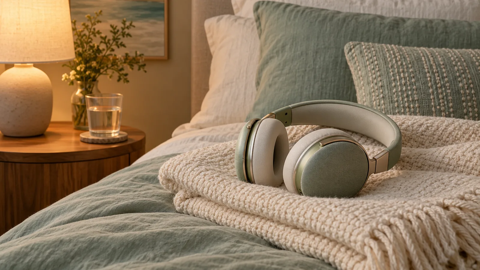 Headphones resting on a folded blanket beside a small lamp and a glass of water in warm evening light
