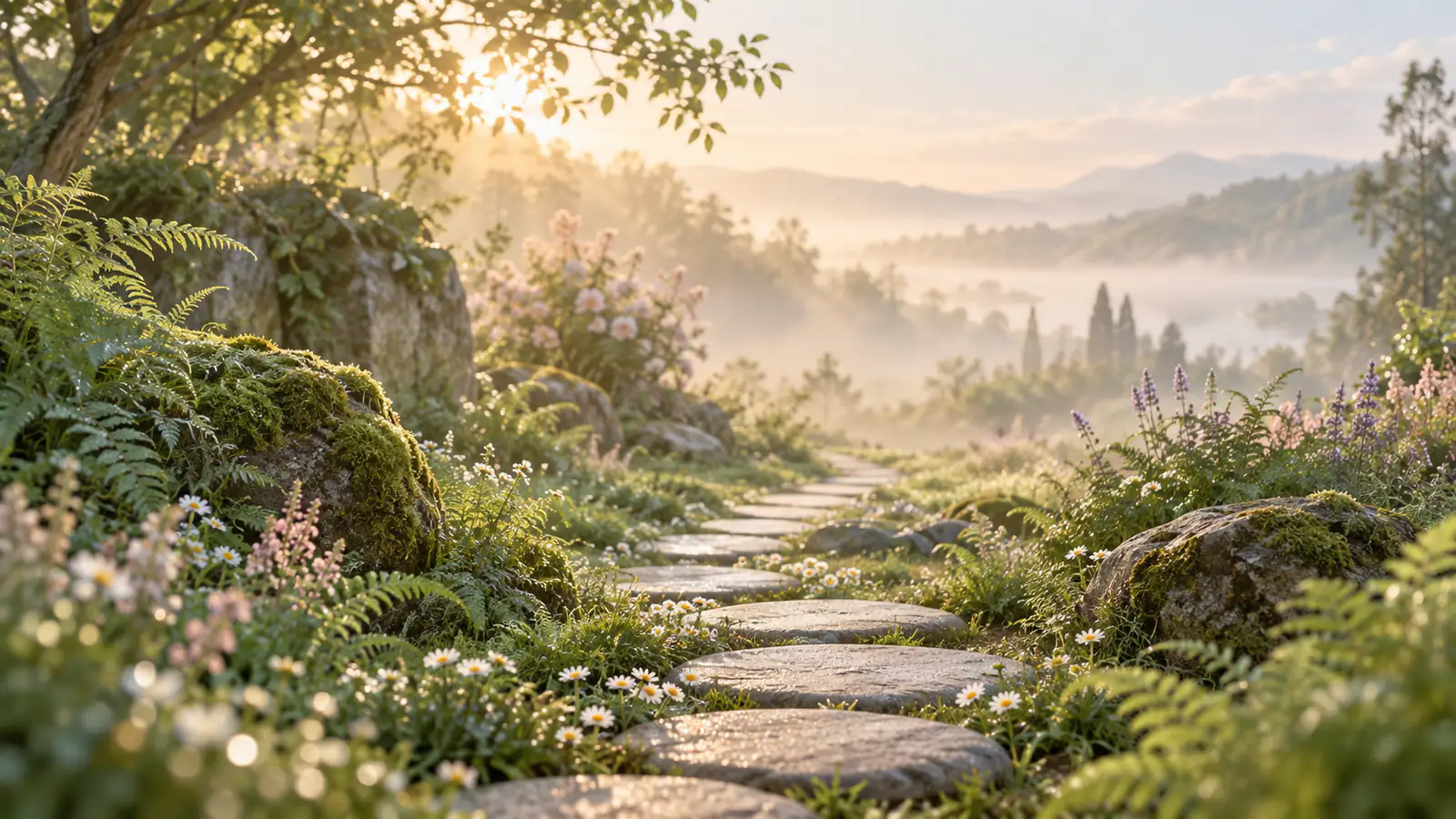 Round stepping stones winding through a green garden of ferns and daisies, like the small daily steps of an affirmation habit
