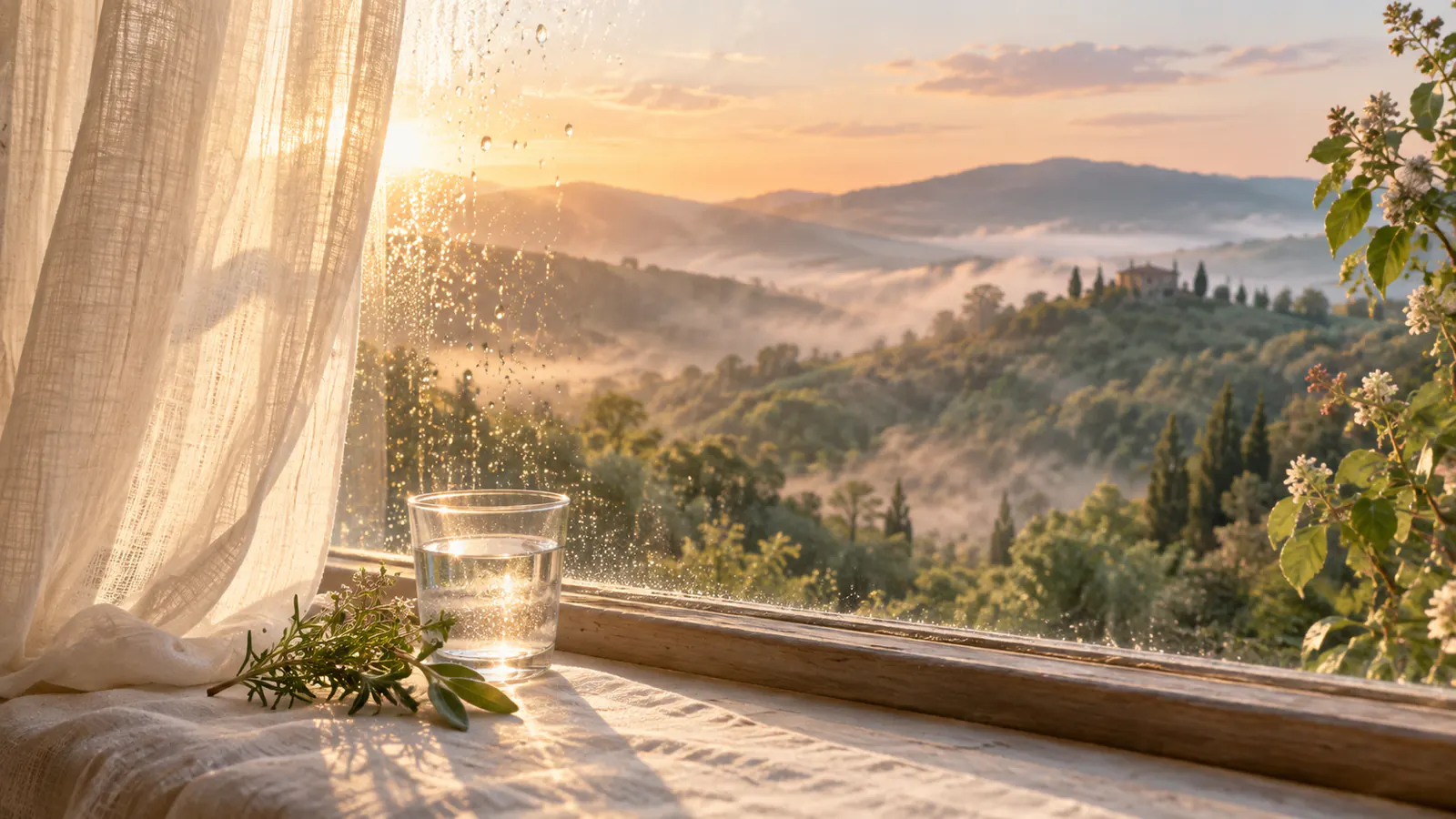 Early sunlight through a linen curtain onto a windowsill with a glass of water, a calm start for morning affirmations