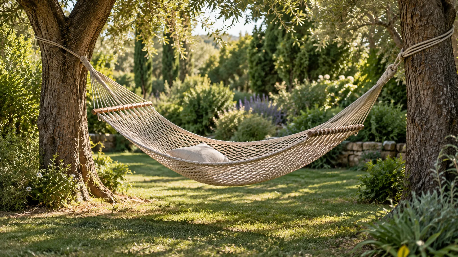 A quiet hammock swaying in dappled garden light, a calm image for self-love affirmations about being on your own side.