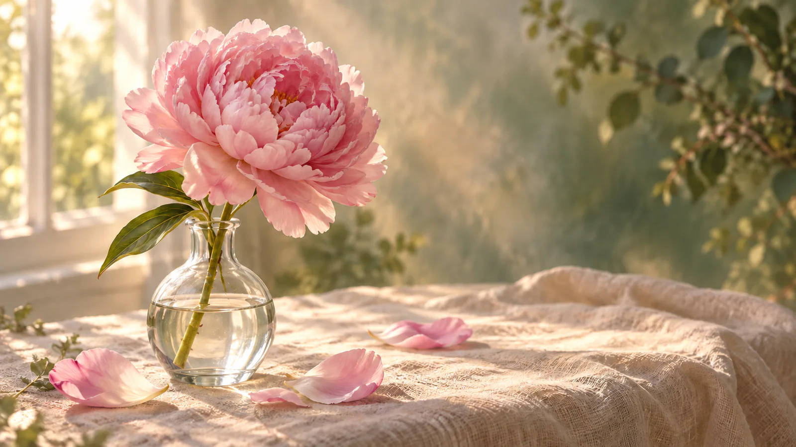 A single pink peony in a glass vase in soft window light, a gentle picture for self-love affirmations
