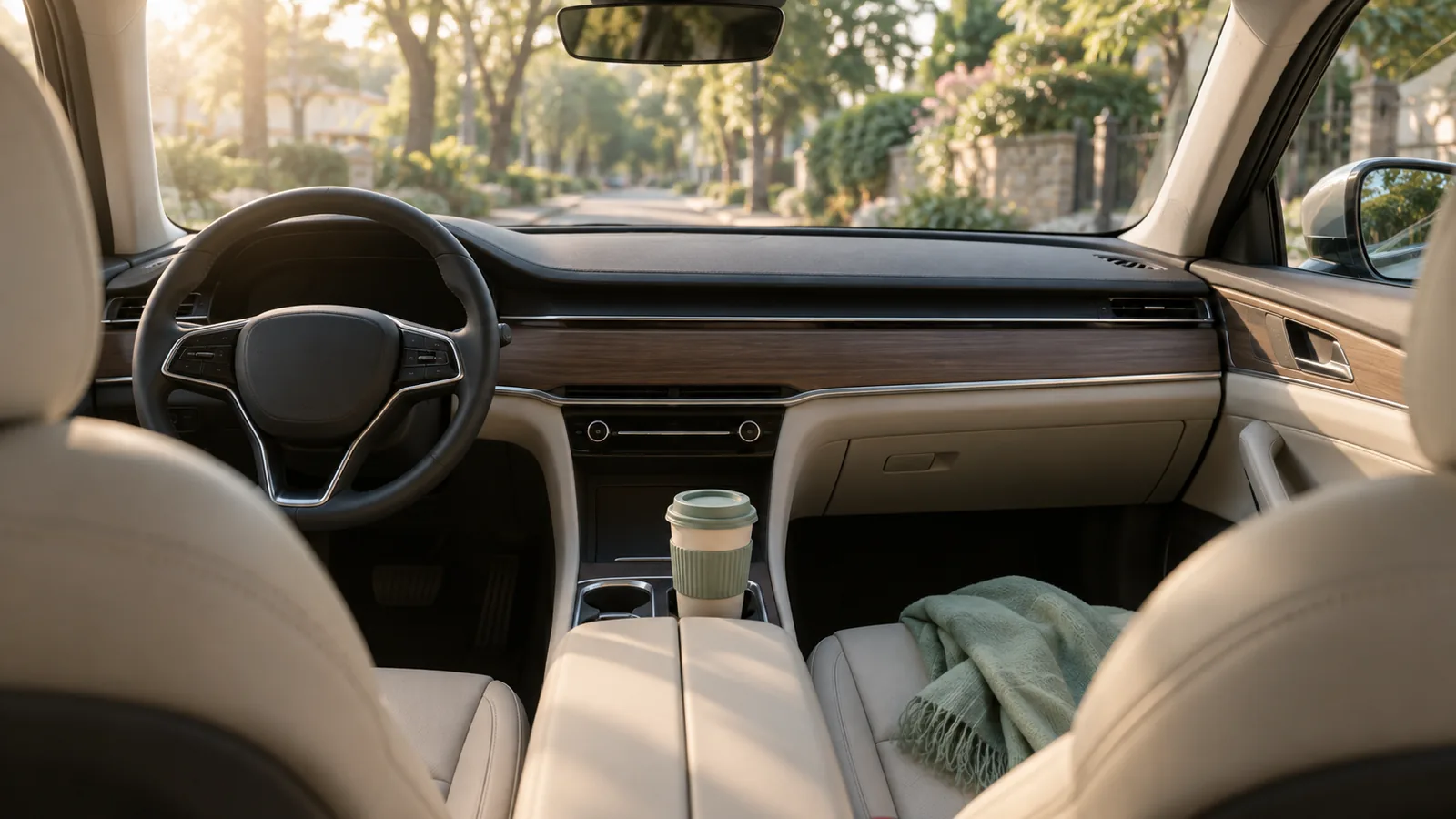 An empty parked car in soft morning light with a folded green scarf on the passenger seat.