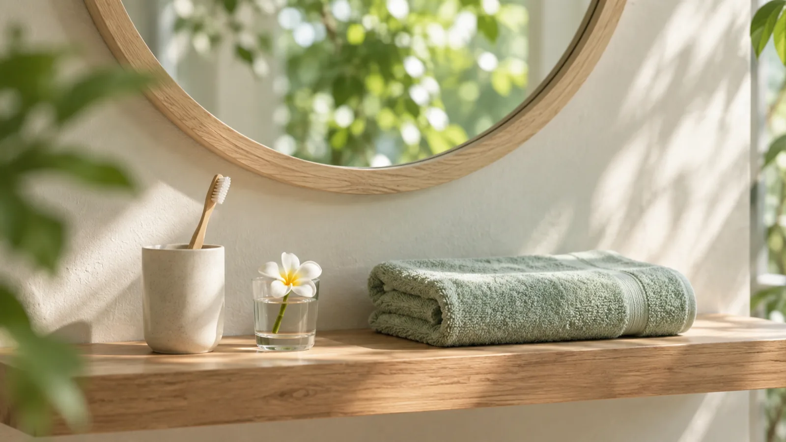 A bathroom shelf under a round wooden mirror with a toothbrush cup and a frangipani flower.