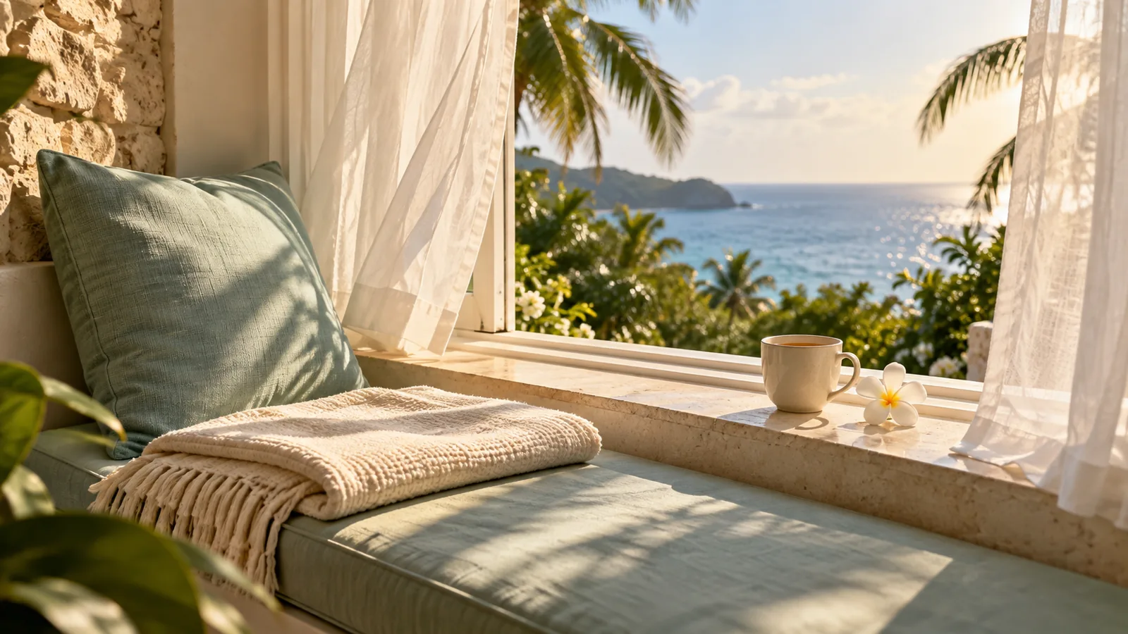 A sunny window seat with a seafoam green cushion, a cup of tea and a white frangipani flower, a quiet spot to say affirmations out loud