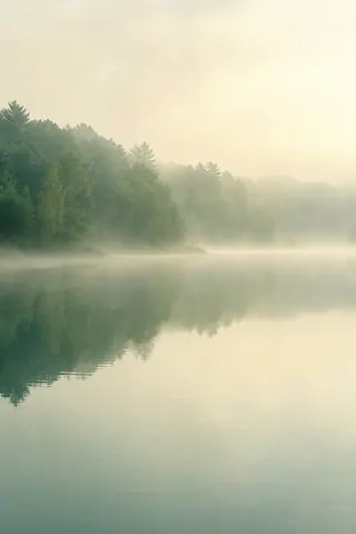 Mist over a still lake at dawn