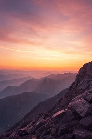 Sunrise over purple mountain ridges
