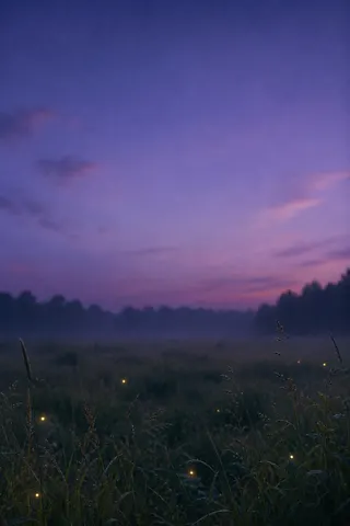 Fireflies over a meadow at dusk