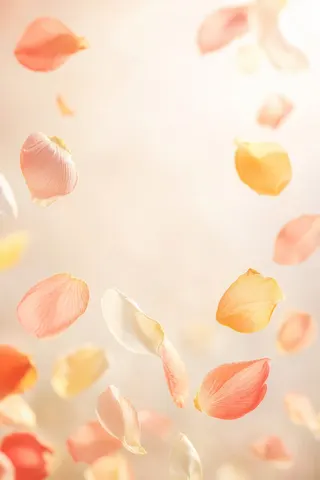 Peach and orange petals drifting through the air