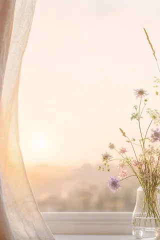 Soft morning light through a curtain, wildflowers in a vase