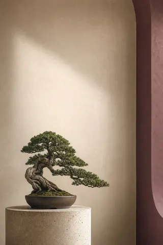 A bonsai tree on a stone plinth