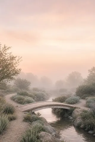 A stone footbridge over a stream in a misty garden
