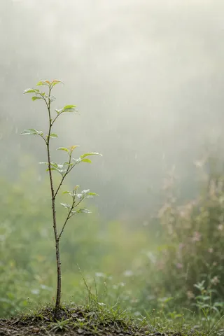 A young tree growing in a misty field