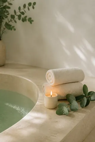 A candlelit bath with rolled towels and green leaves