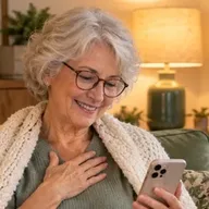 An older woman with glasses smiling at her phone, one hand on her heart