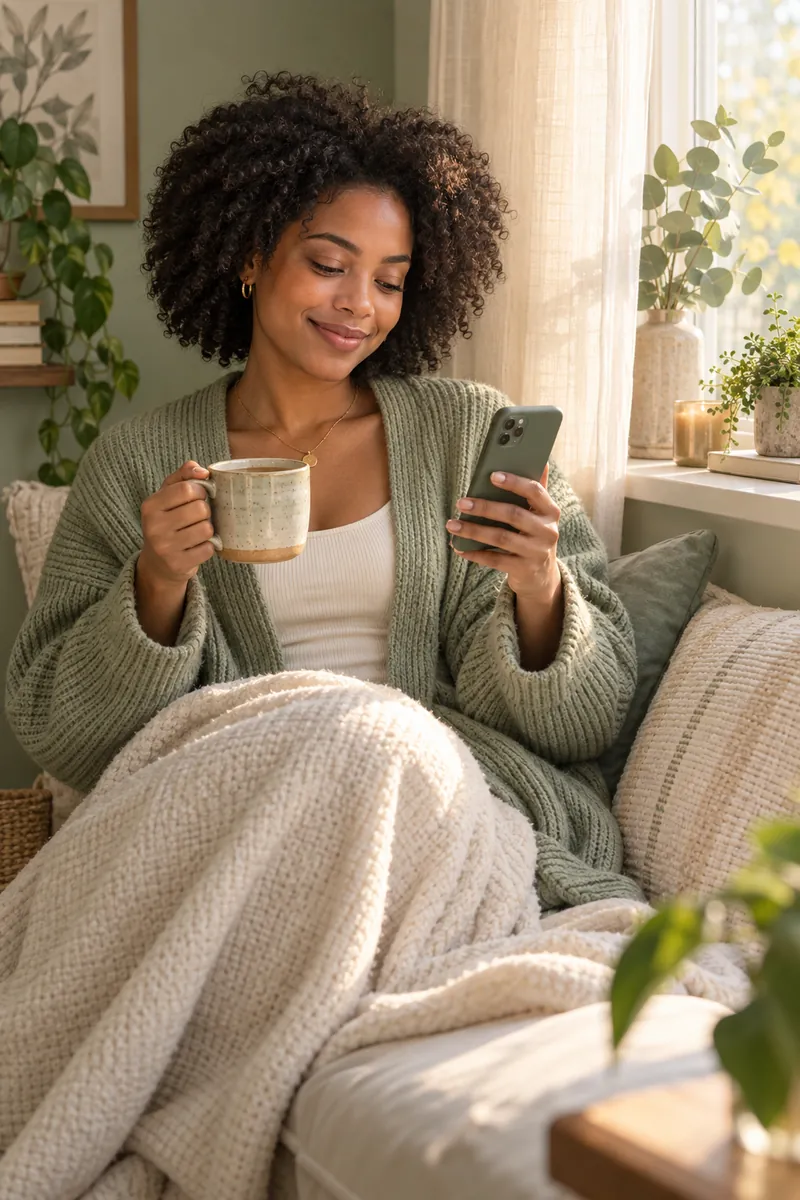 A woman curled up by a sunny window with a cup of tea, smiling softly at her phone