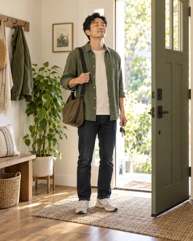 A man pausing at his front door on a busy morning, eyes closed, taking one slow breath