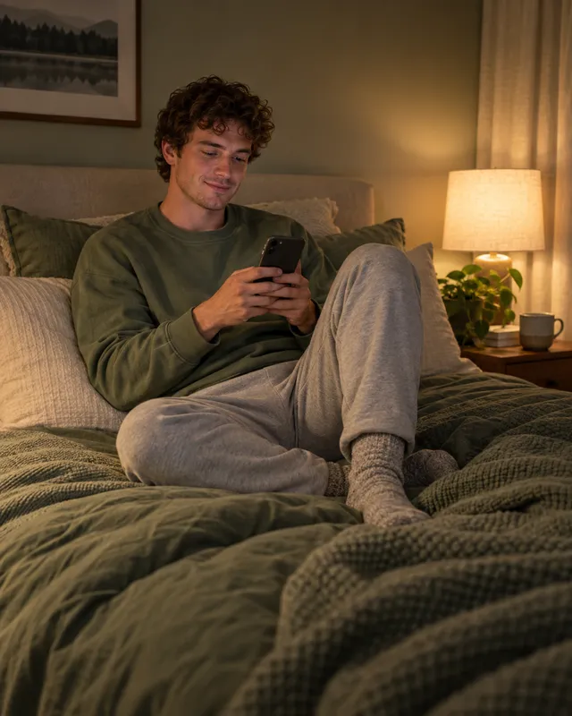 A young man sitting up in bed by lamp light, relaxed as he reads his phone