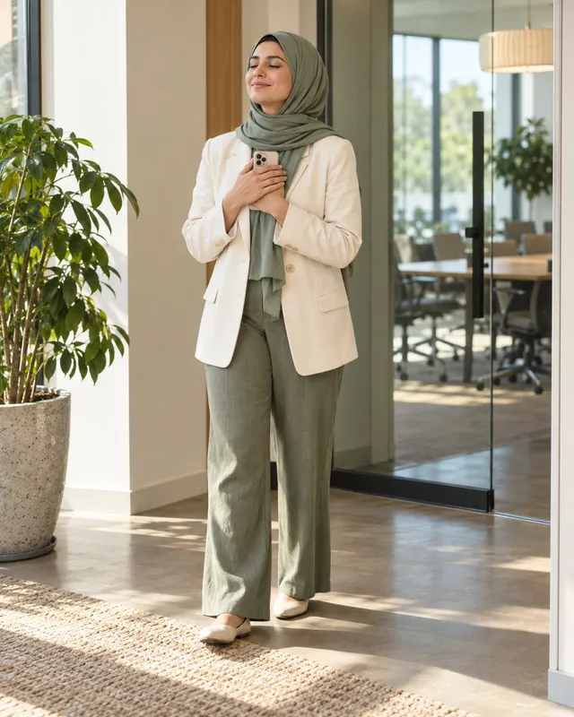 A woman in a hijab outside a meeting room, eyes closed, steadying herself before she walks in